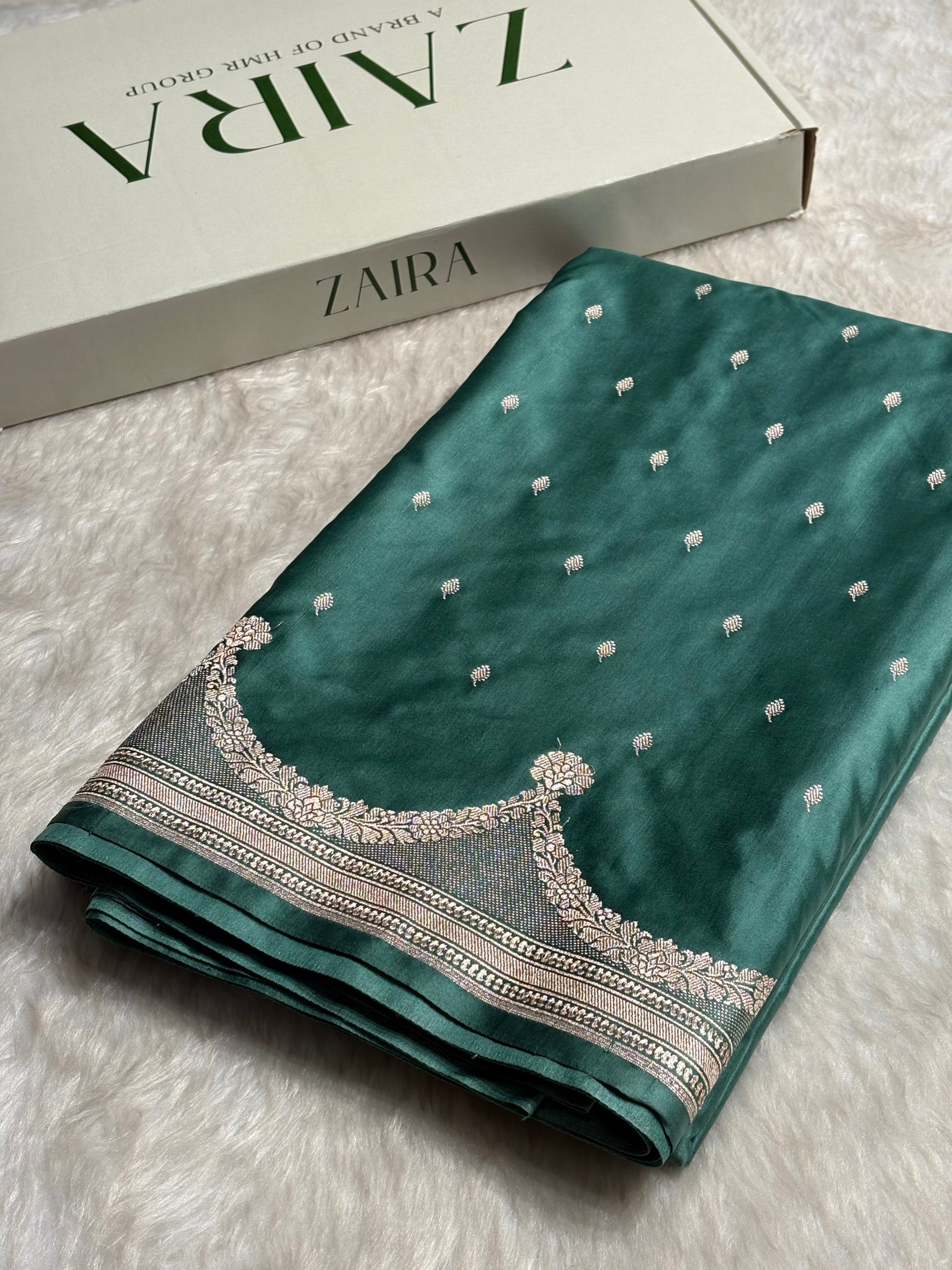 Dusty Sea Green Shades Scallop Booti Mashru Silk Saree MS60