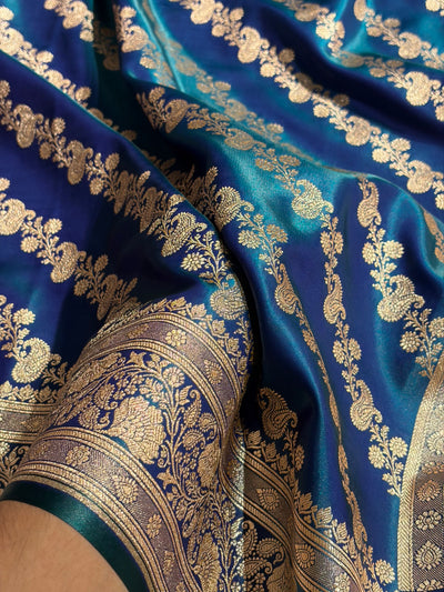 Banarasi Peacock Shades Cross Pattern Banarasi Satin Silk Saree SS51