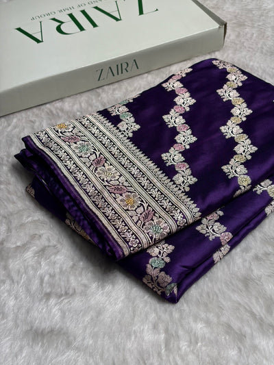 Purple Shades Banarasi Minakari Mashru Silk Saree With Cross Pattern MCS02