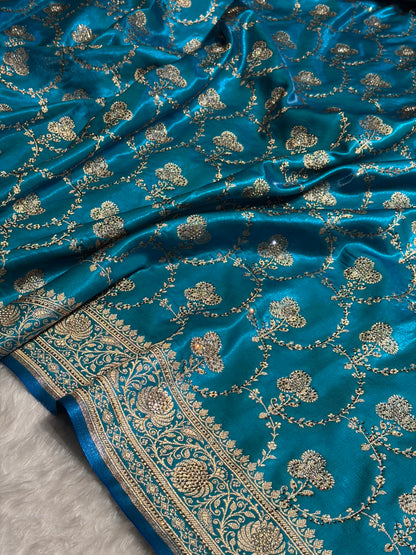 Satin Silk Saree Banarasi Swarovski Work Jaal in Firozi Shades BSS23 (R)