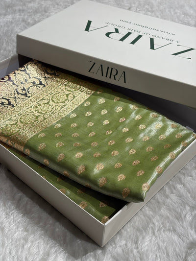 Banarasi Contrast Satin Silk Booti in Pista With Wine Shades SS01