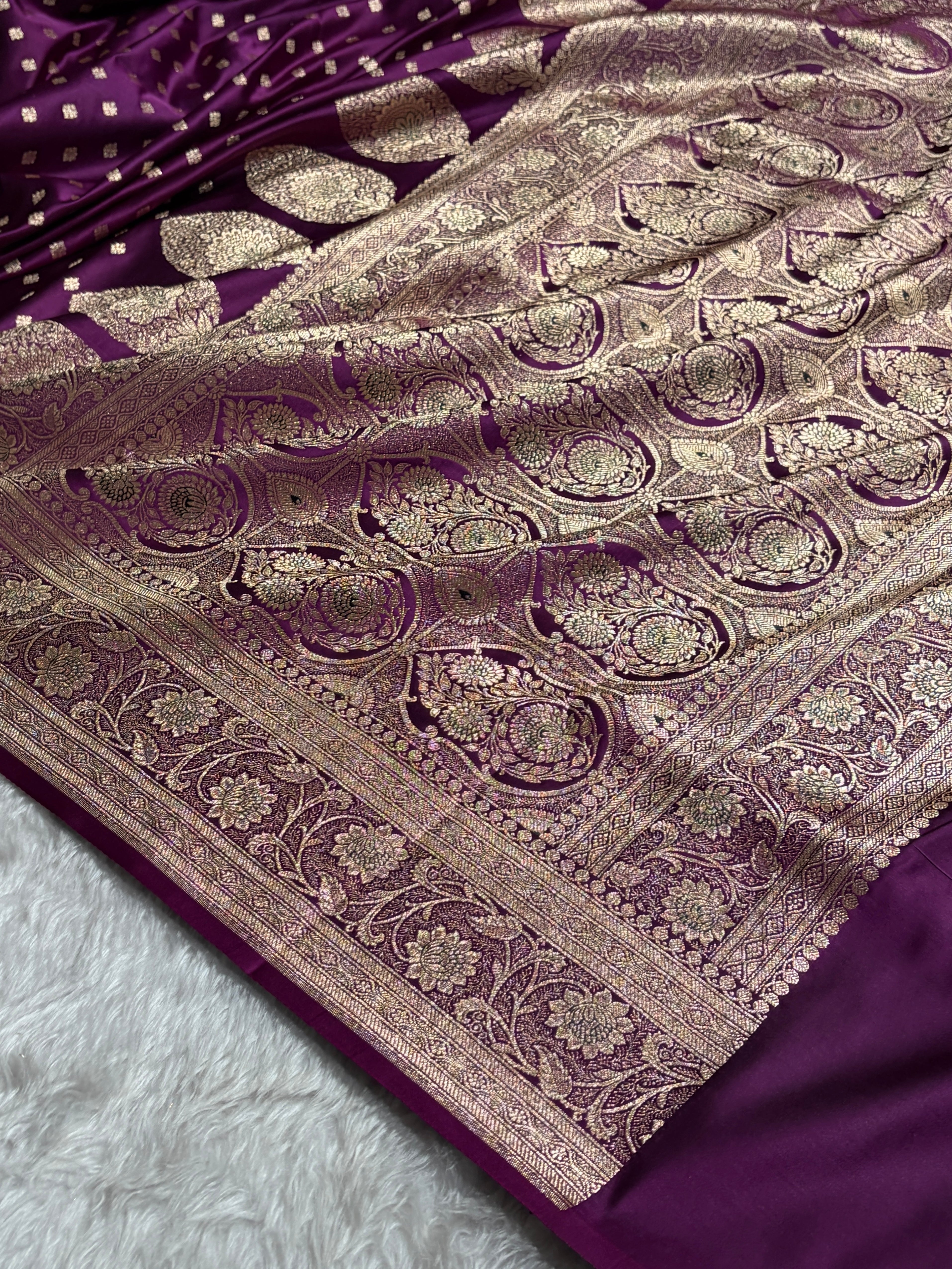 Wine Banarasi Minakari Boota Katan Silk Saree