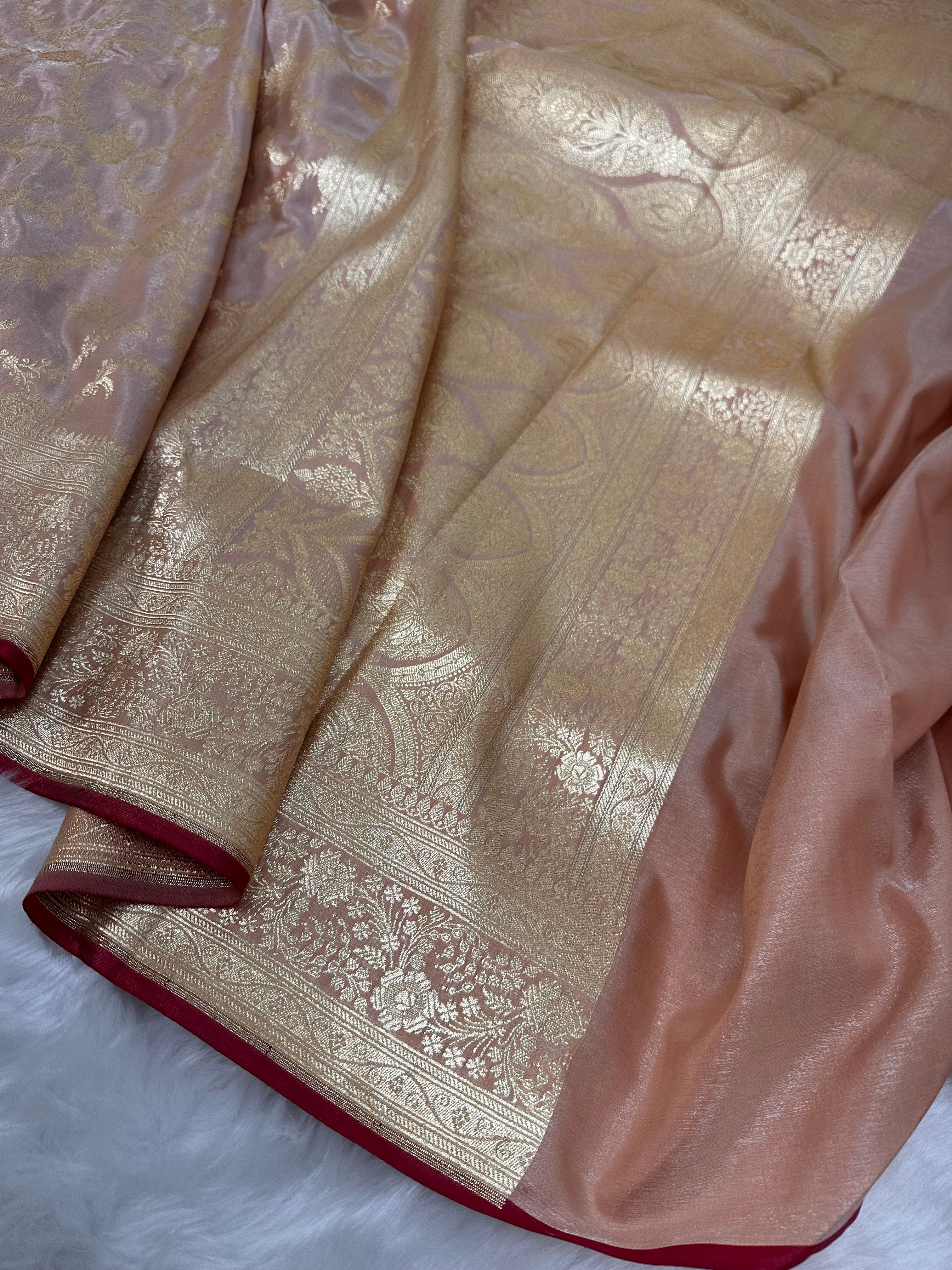 Dusty Peach Shades Satin Silk Jaal Pattern Banarasi Saree