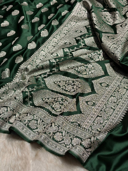 Dark Bottle Green Shades Minakari Motif Mashru Silk Saree MS09