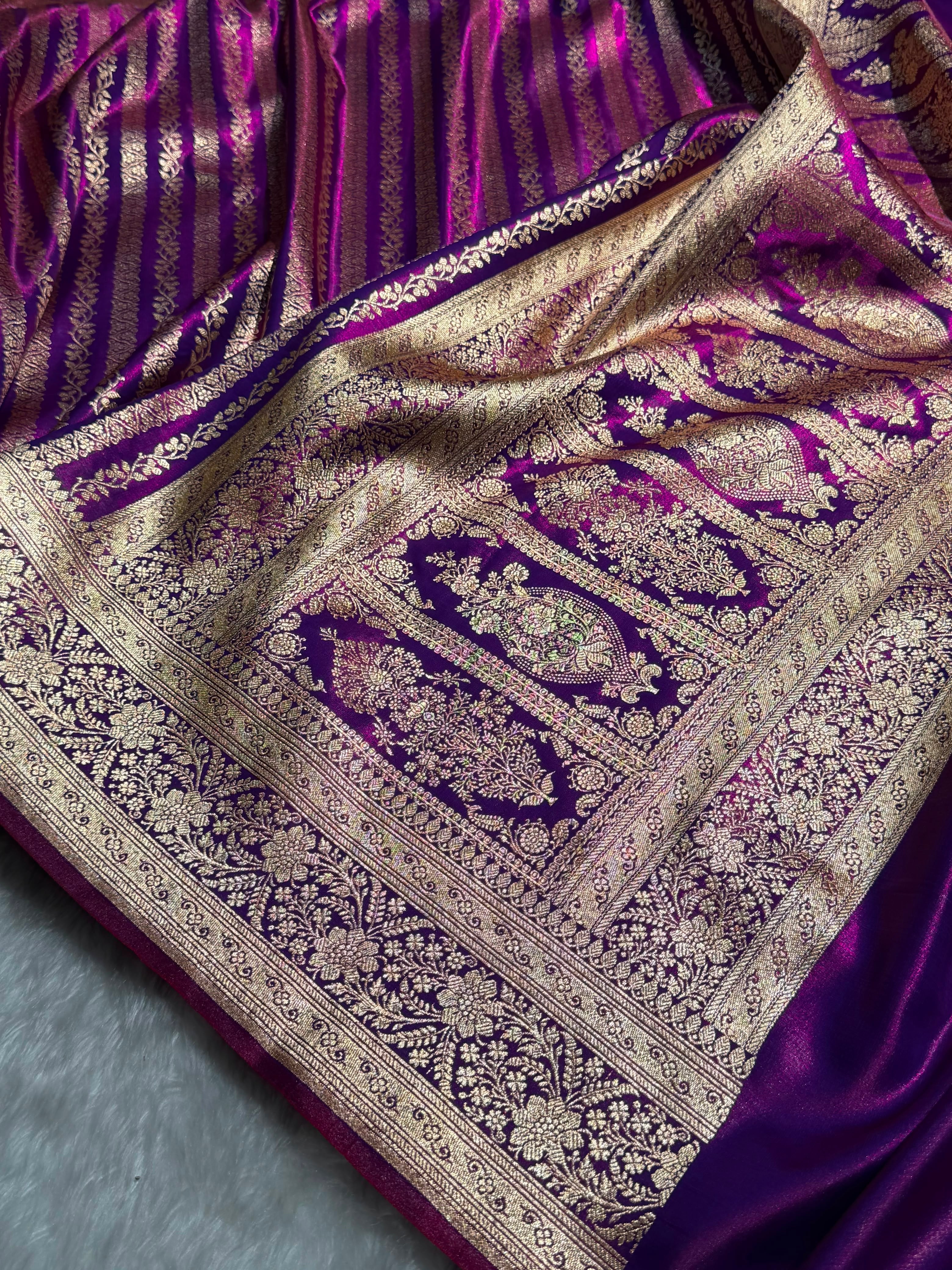 Cross Purple Shades Stripe Pattern Banarasi Satin Silk Saree SS46