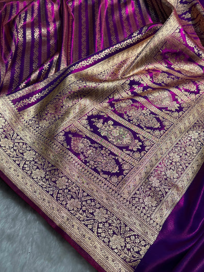 Cross Purple Shades Stripe Pattern Banarasi Satin Silk Saree SS46