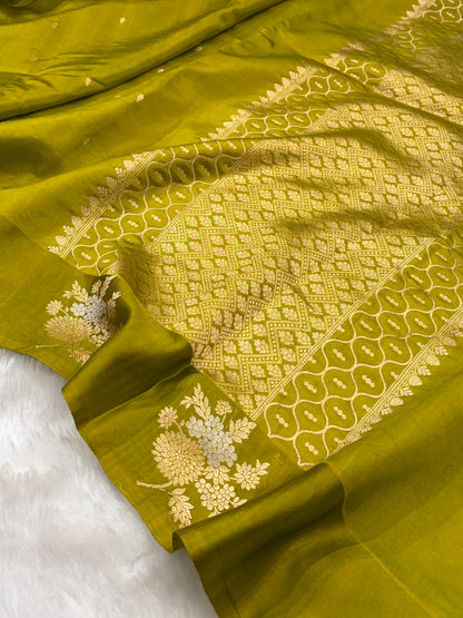 Banarasi Mehendi Green Shades Meena Boota Handwoven Pure Paper Silk RM-72