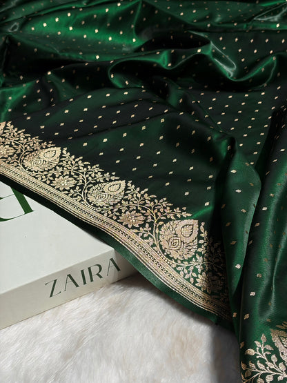 Ultra Light Weight Satin Silk Boota in Bottle Green Shades SS31