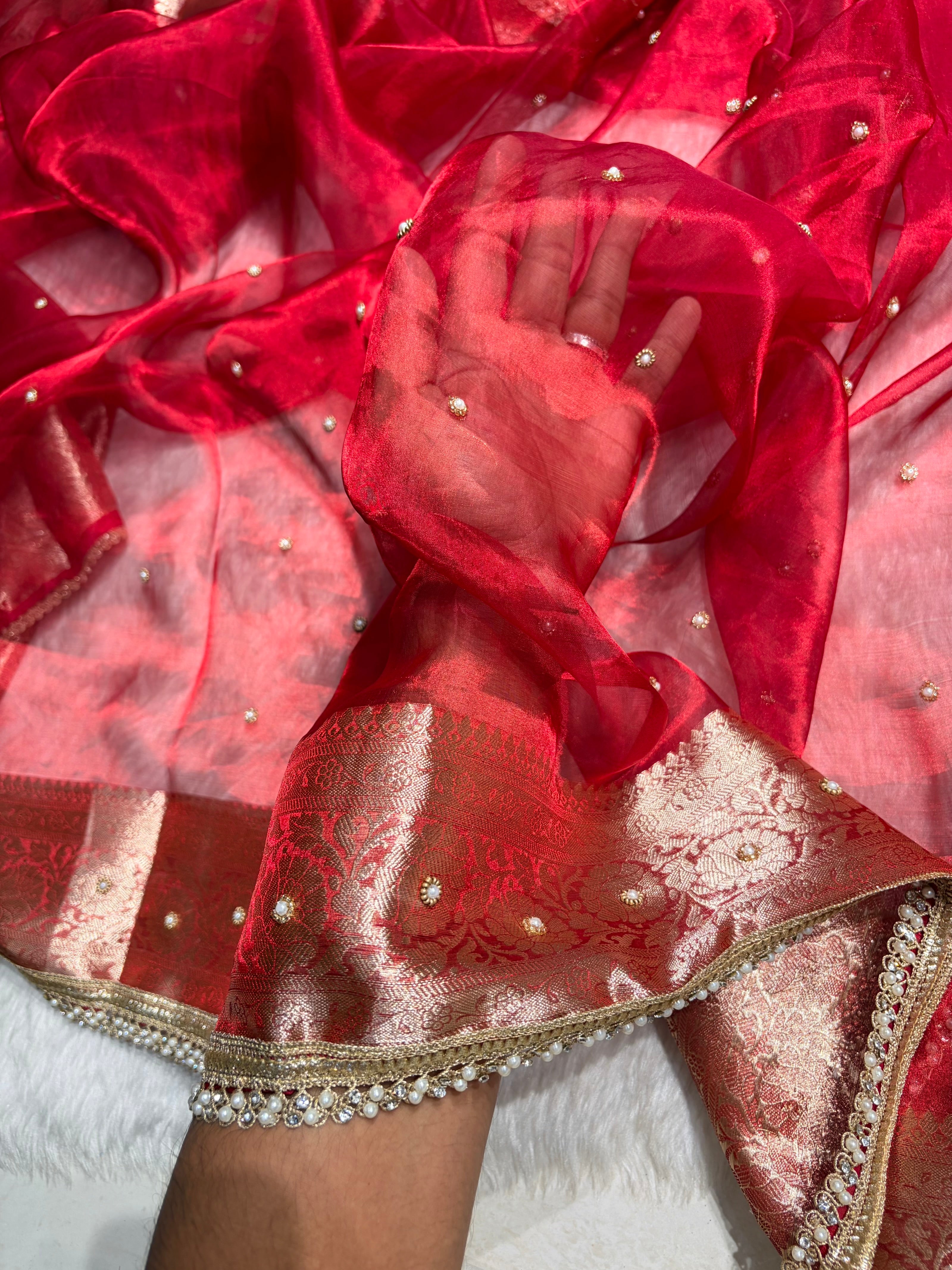 Red Shade Pure Tissue Silk Saree with Gota Patti PTGP-17