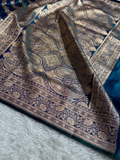 Banarasi Peacock Shades Cross Pattern Banarasi Satin Silk Saree SS51