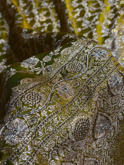 Liril Mahndi Shades Jaal Floral Pattern With Zardozi And Swarovski Stone Work Satin Katan Silk Saree BSK80