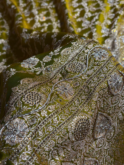 Liril Mahndi Shades Jaal Floral Pattern With Zardozi And Swarovski Stone Work Satin Katan Silk Saree BSK80