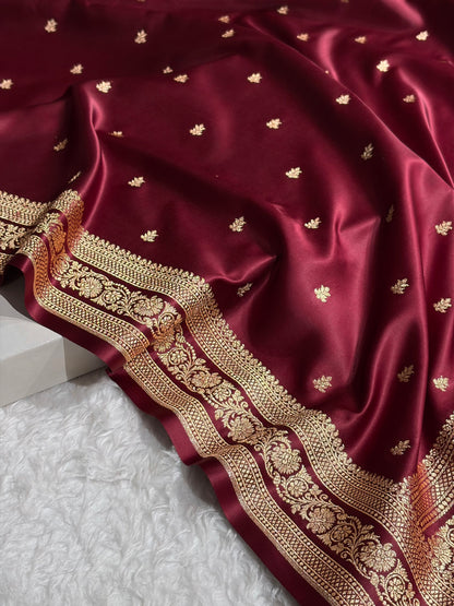 Banarasi Satin Katan Saree With Booti Pattern in Garnet Shades SK125