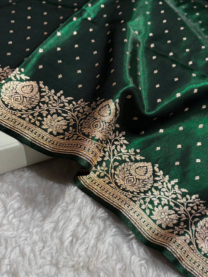 Satin Silk Saree Floral Boota in Bottle Green Shades SS28