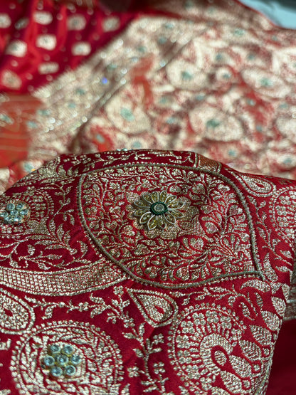Bridal Red Unique Boota Pattern With Stone & Ari Work Satin Katan Silk Saree BSK69
