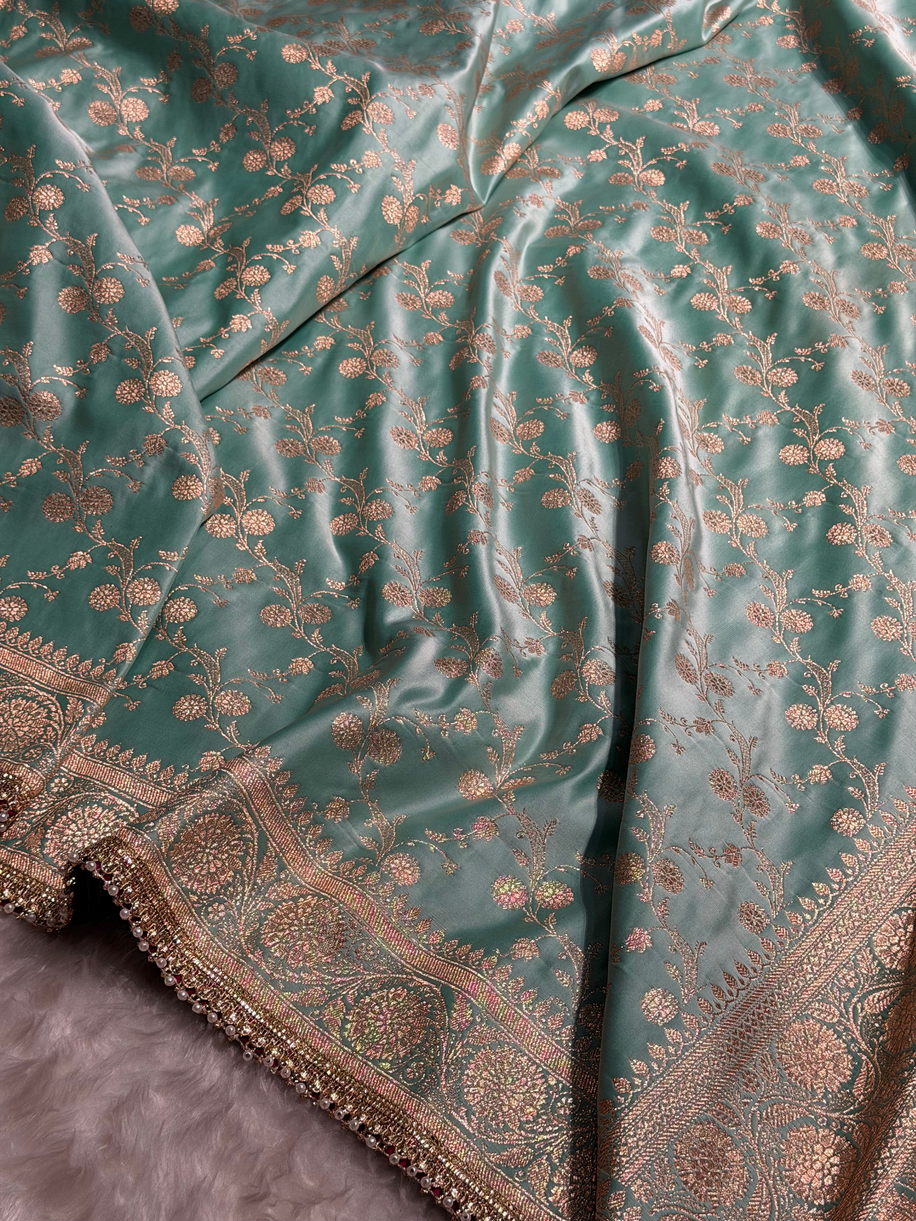 Sea Green Cross With Gotta Patti Satin Katan Silk Saree SKGP17