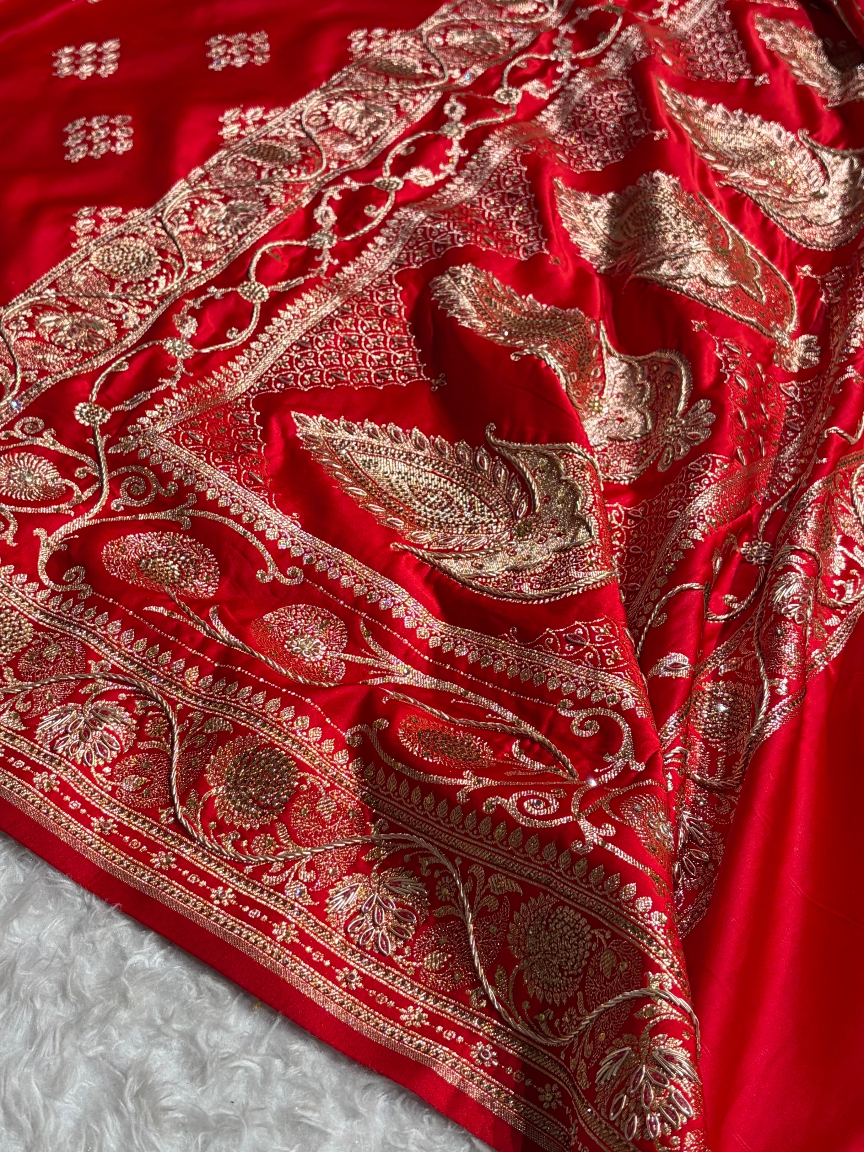 Bridal Red Floral Boota Pattern With Zardozi Stone Work Satin Katan Silk saree BSK34