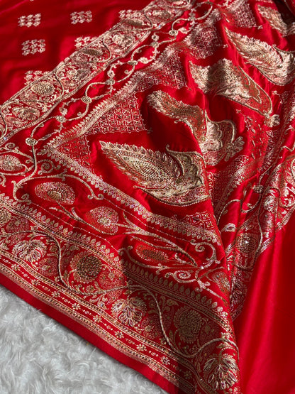 Bridal Red Floral Boota Pattern With Zardozi Stone Work Satin Katan Silk saree BSK34