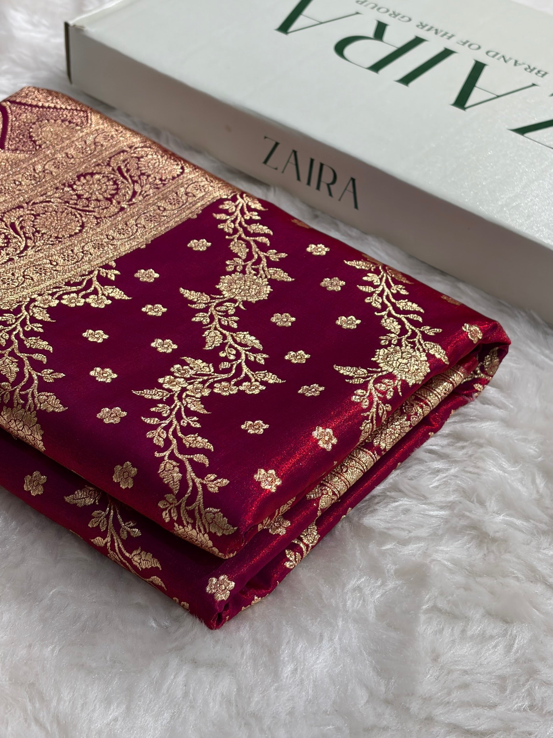 Banarasi Satin Silk Saree Cross with Booti in Magentic Red Shades SS24