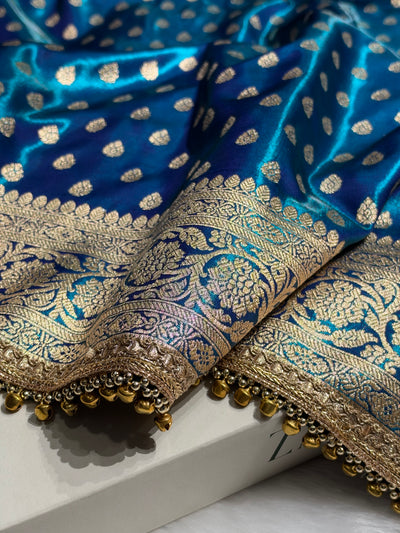Peacock Teal Shades Satin Silk Banarasi Saree X Ghongroo SS01xG