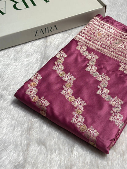 Mauve Shades Minakari Mashru Silk Saree With Cross Pattern