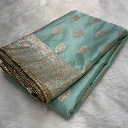 Powder Blue Satin Mashru Silk Banarasi Saree with Allover Gotta Patti Motifs | SKU - MSGP6