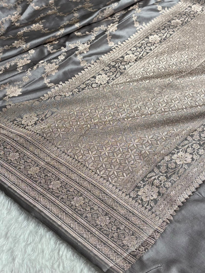 Banarasi Grey Shades Floral Jaal Mashru Silk Saree MCS07