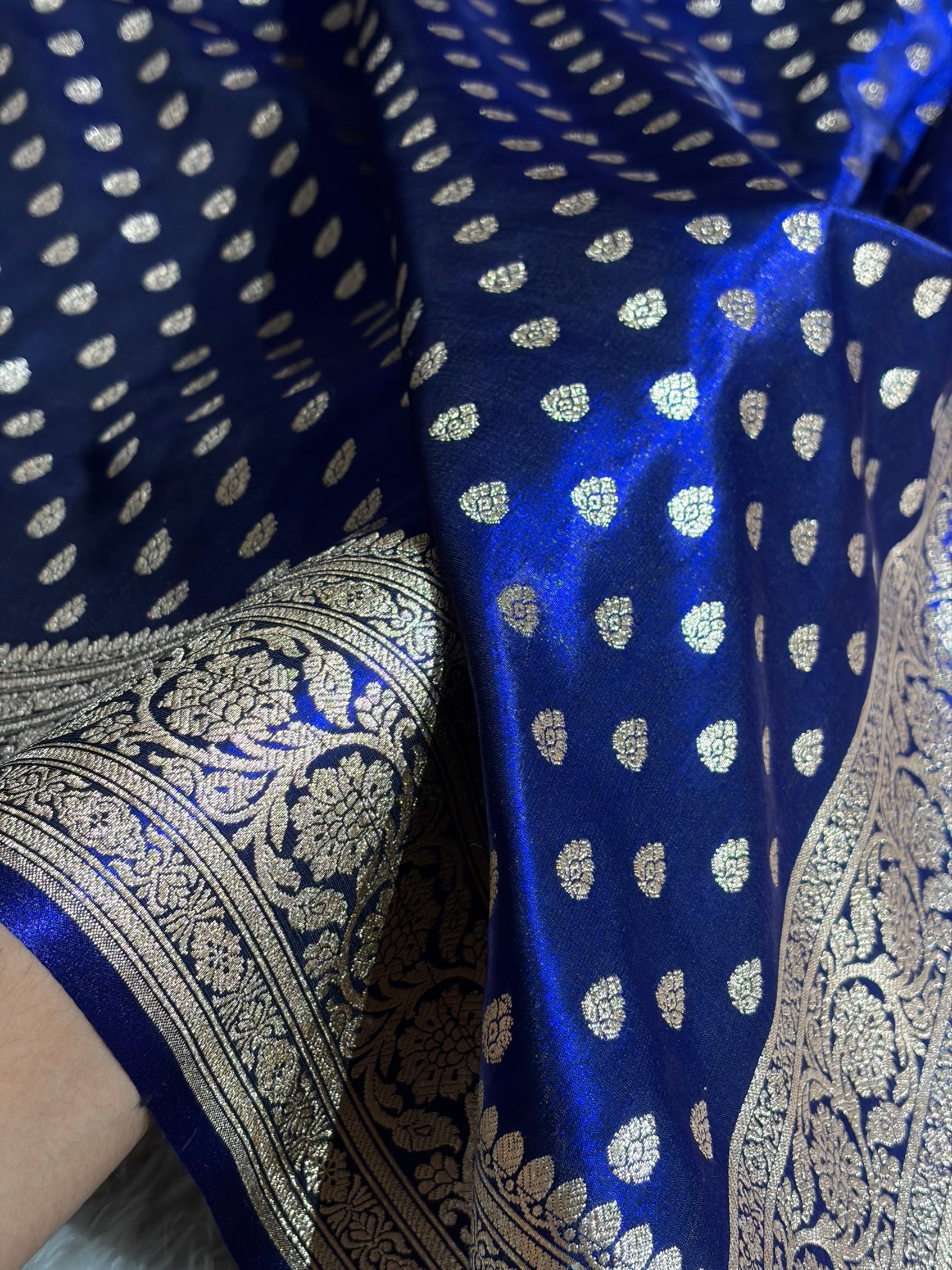 Dark Royal Blue Booti satin Silk Saree SS01