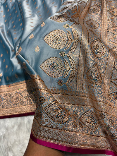 Sky Blue Swarovski Work Booti Satin Katan Silk Saree BSK10