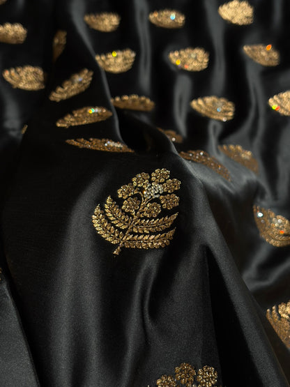 Black Unique Swarovski Stone Work Boota Pattern Satin Katan Silk Saree BSK70