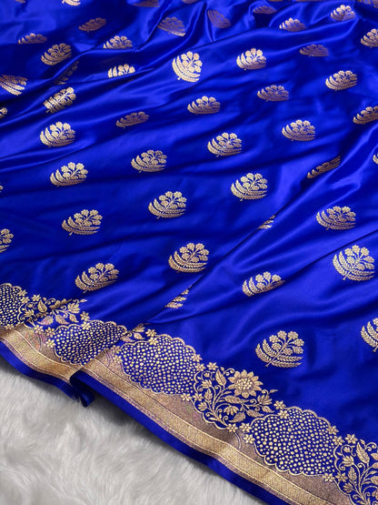 Royal Blue Unique Boota Pattern Satin Katan Silk Saree SK70