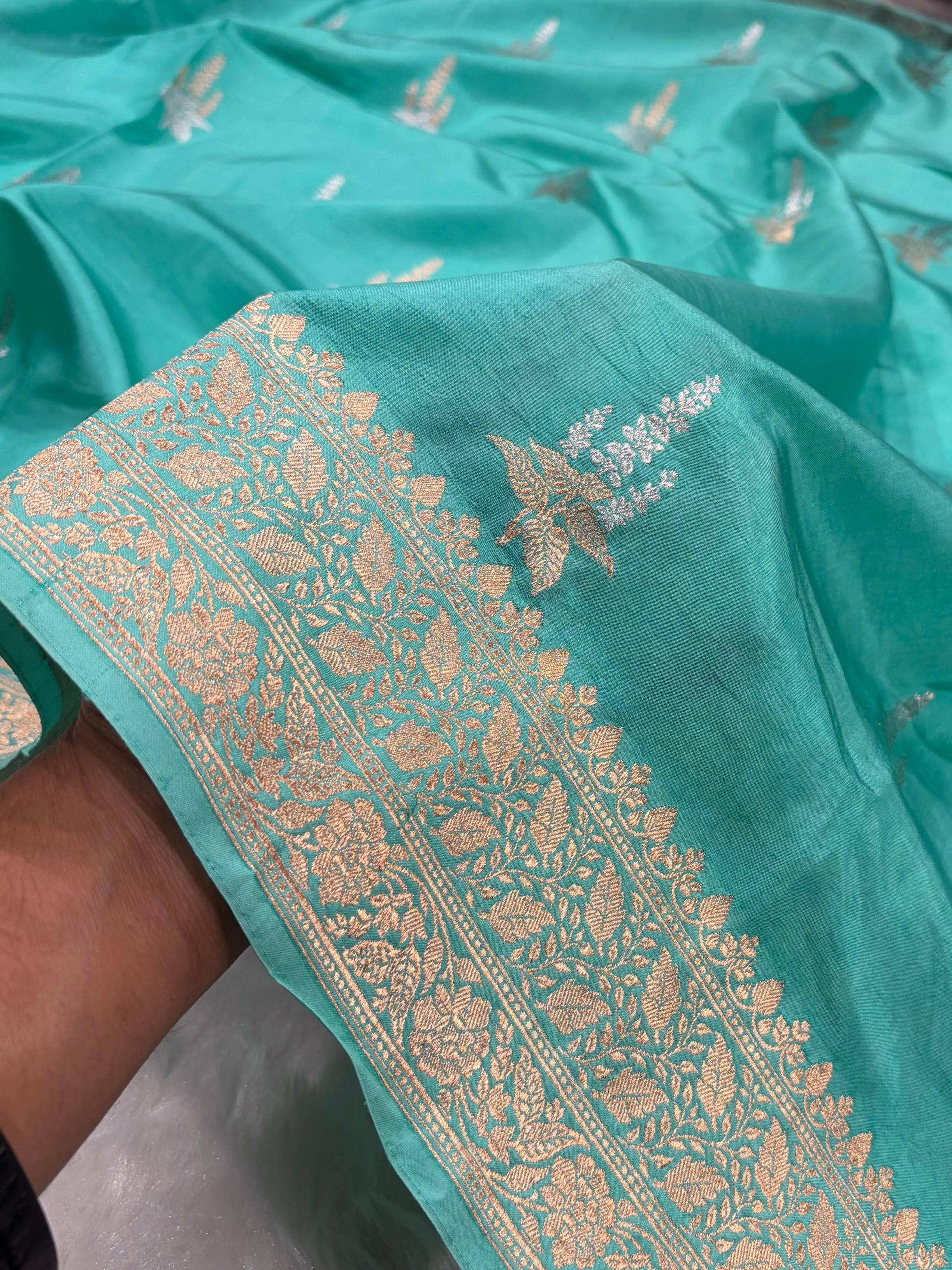 Sea Green Shades Meena Boota Handwoven Pure Katan Paper Silk RM-36
