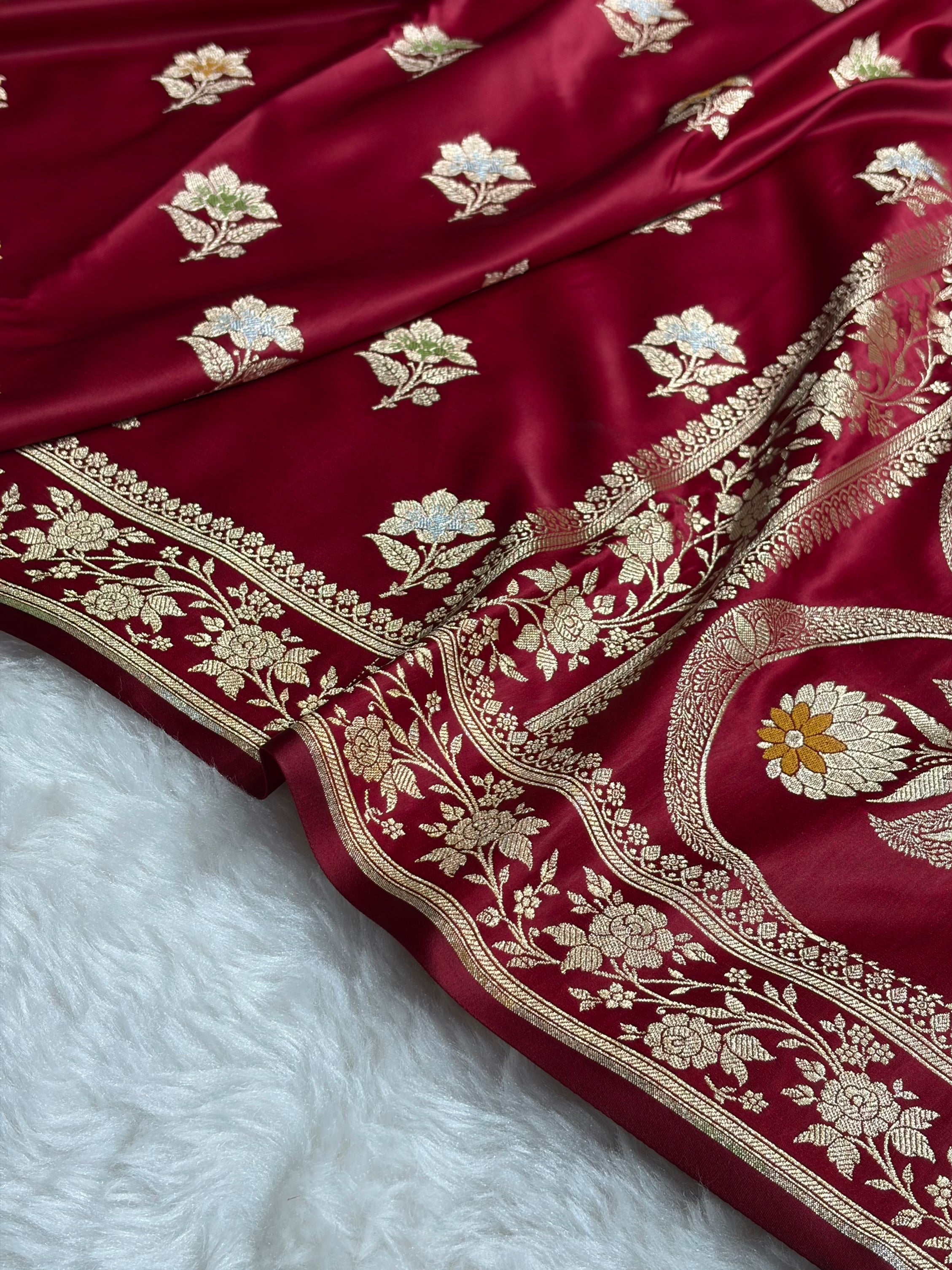 Premium Banarasi Satin Katan Saree With Minakari Boota in Maroon Shades SK112