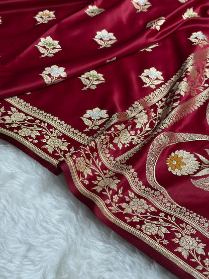 Premium Banarasi Satin Katan Saree With Minakari Boota in Maroon Shades SK112