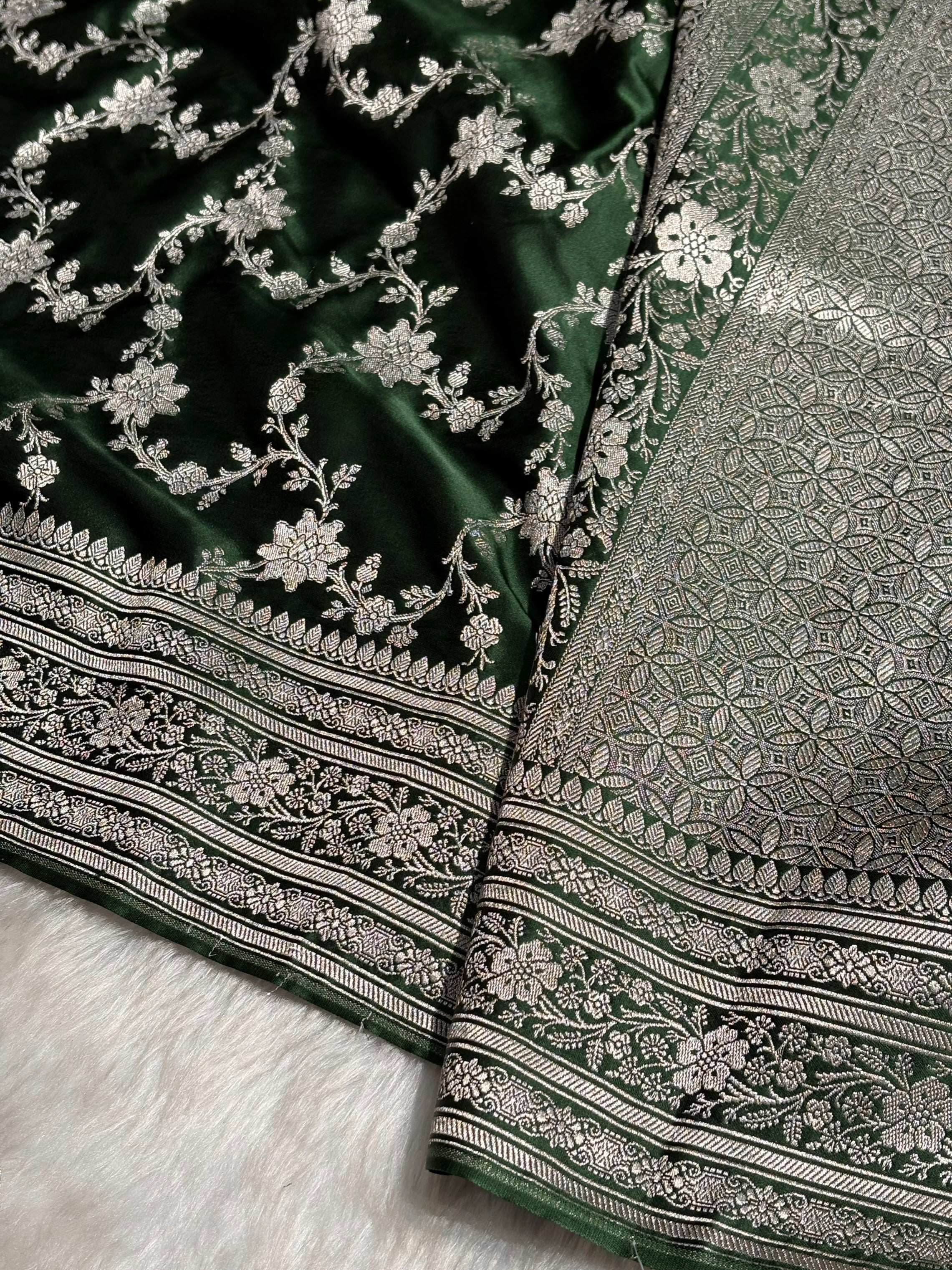 Bottle Green Floral Jaal Mashru Silk Saree