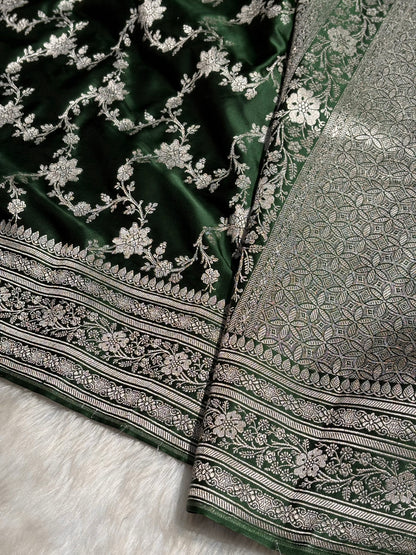 Bottle Green Floral Jaal Mashru Silk Saree