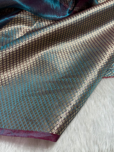 Purple Magenta Blue Shades Pure Tissue Silk Saree with Brocade Blouse PT-08