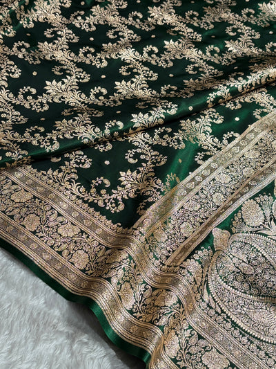 Bottle Green Shades Jaal Pattern Banarasi Satin Silk Saree SS49