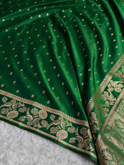 Banarasi Cross Green Shades Floral Pattern Satin Katan Silk Saree SK77