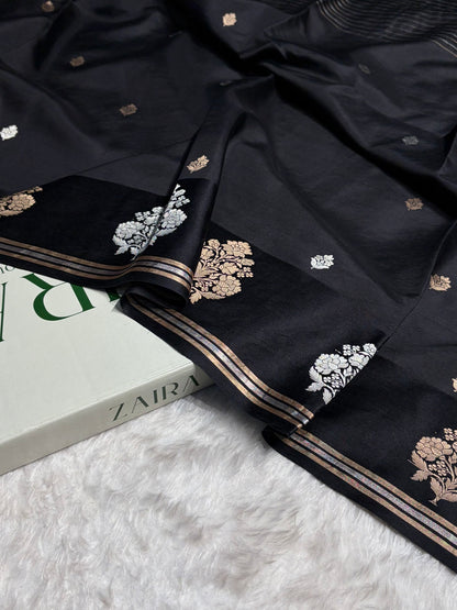 Black Shade Handwoven Kaduwa Pure Katan Raw Mango Silk RM-01