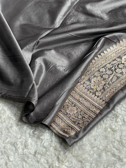 Banarasi Grey Shades Floral Jaal Mashru Silk Saree MS07