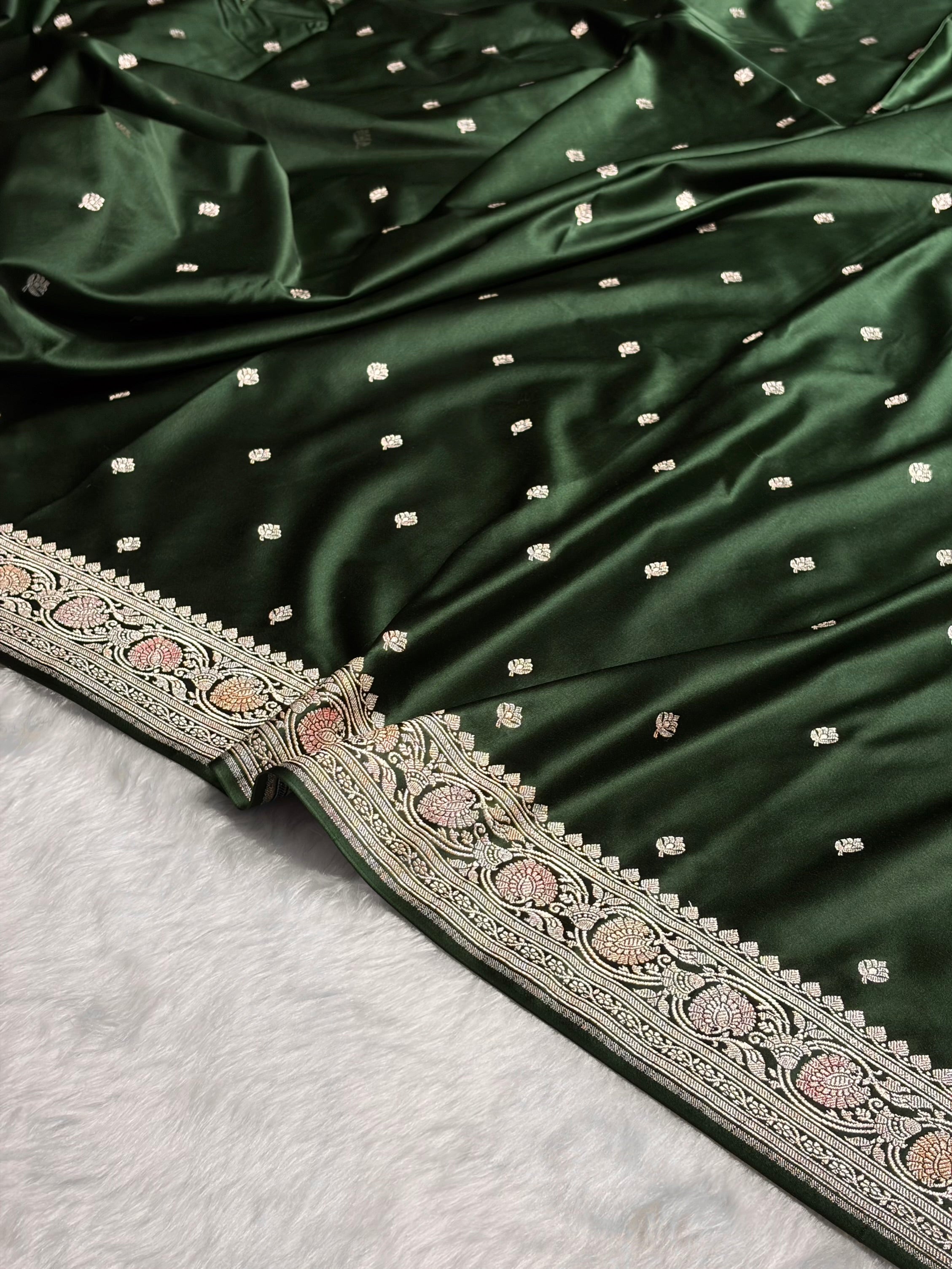 Banarasi Dark Bottle Green Minakari Booti Mashru Silk Saree MS10