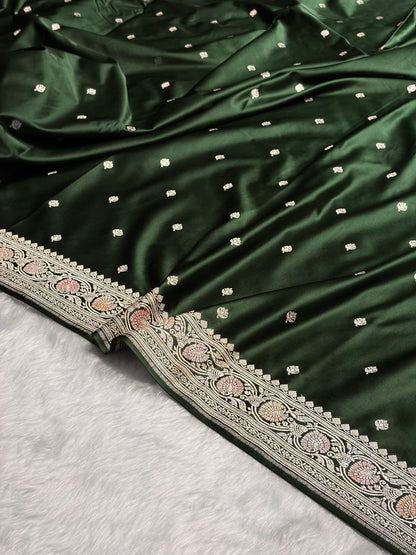 Banarasi Dark Bottle Green Minakari Booti Mashru Silk Saree MS10