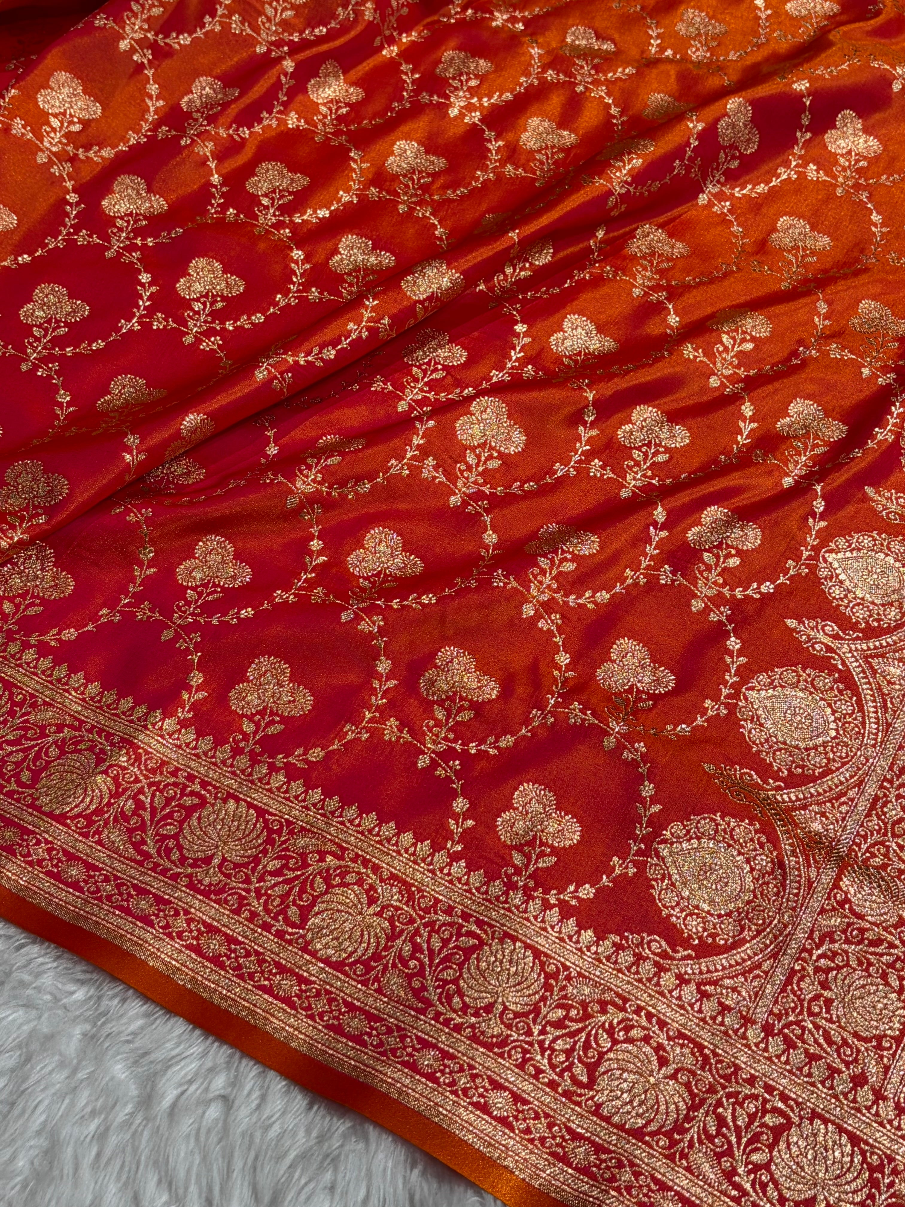 Satin Silk Saree Jaal in Pinkish Orange Shades SS23