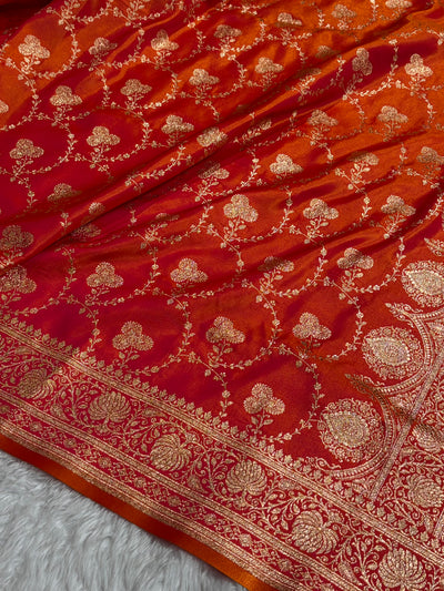 Satin Silk Saree Jaal in Pinkish Orange Shades SS23