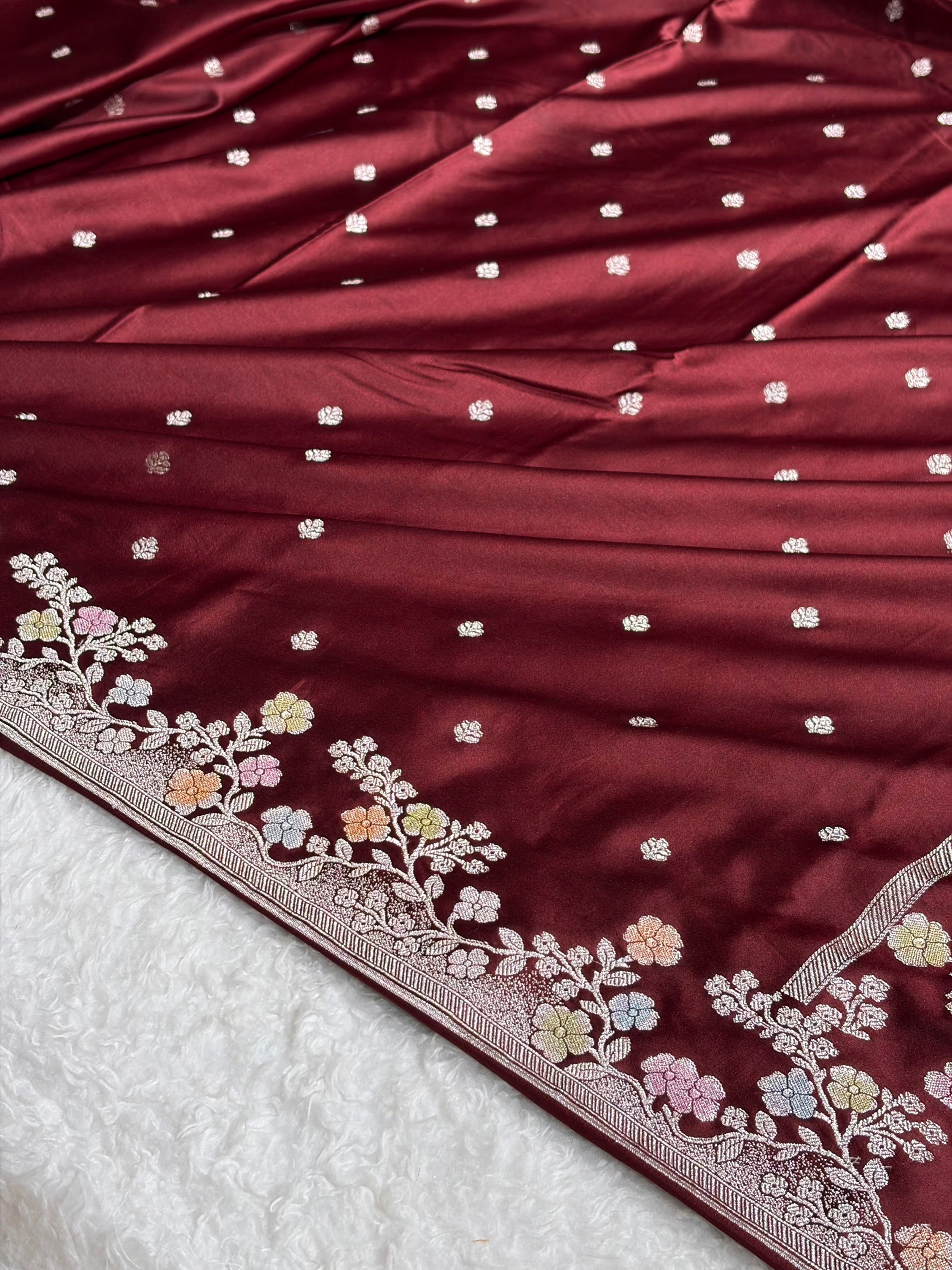 Garnet Shades Minakari Floral Border Booti Mashru Silk Saree MS75