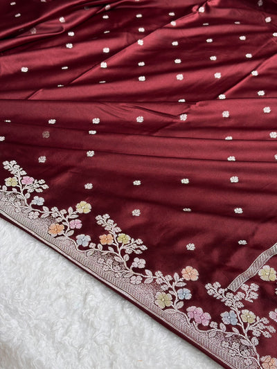 Garnet Shades Minakari Floral Border Booti Mashru Silk Saree MCS75