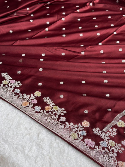 Garnet Shades Minakari Floral Border Booti Mashru Silk Saree MS75