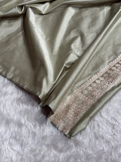Pastel Pista Shades Banarasi With Floral Border Mashru Silk Saree MSM-124