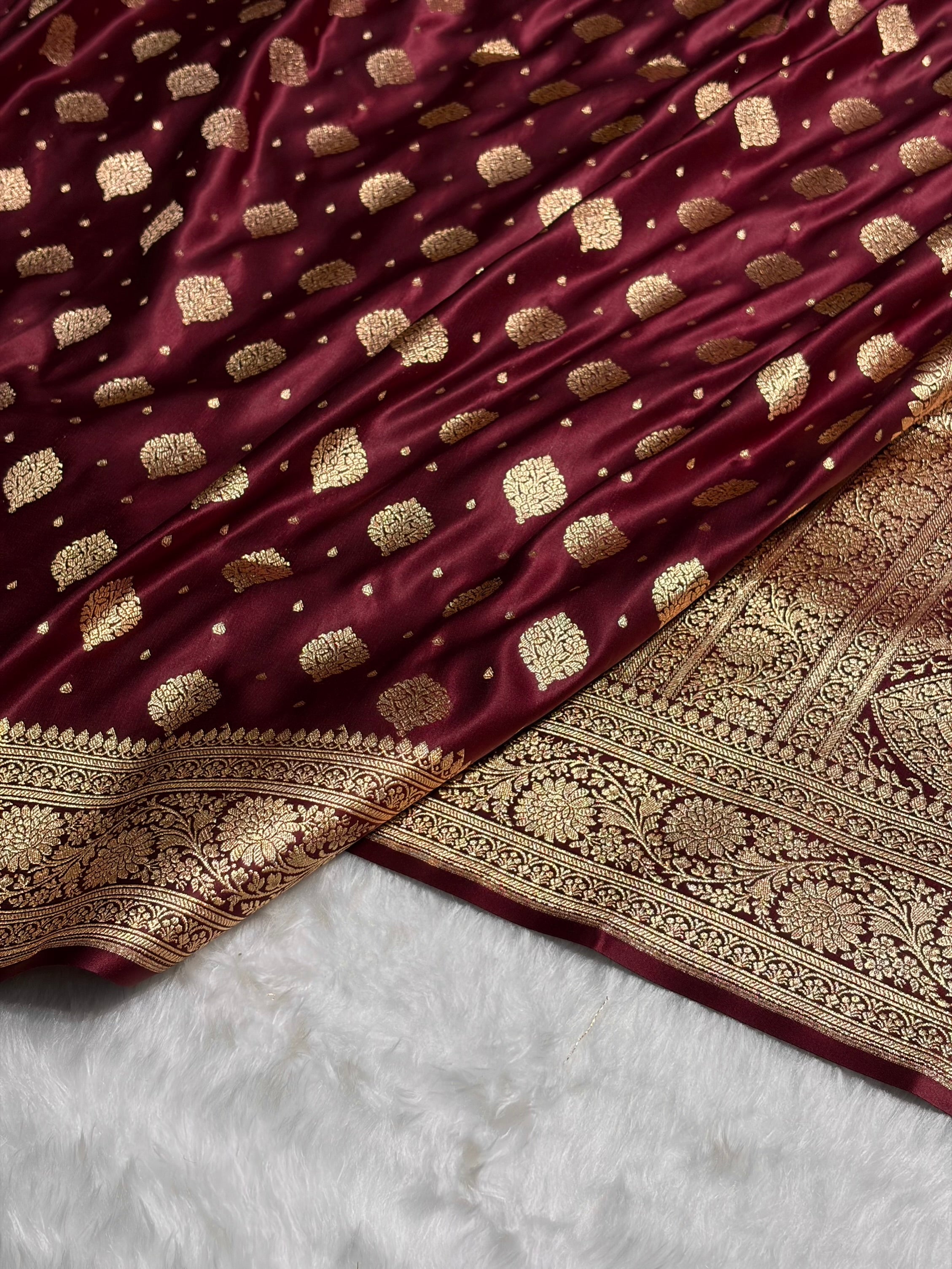 Garnet Unique Boota Pattern Satin Katan Silk Saree SK69